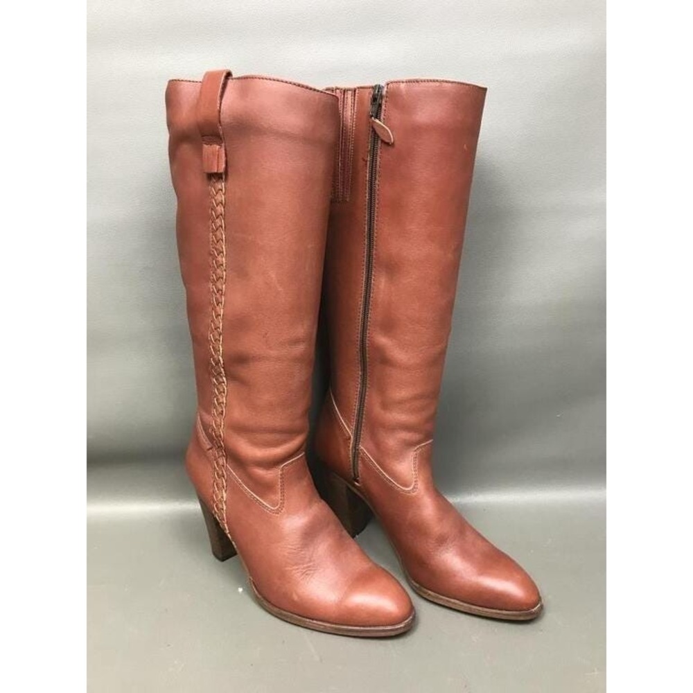 Vintage 70s Corelli Bootalinos Brown Leather Knee High Boots Braided Size 9‎